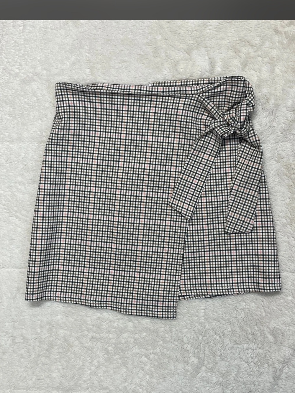Checked Wrap Mini Skirt with Side Bow - Black & White